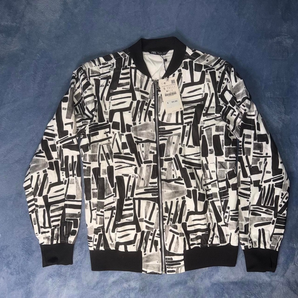 Black and white abstract brushstroke print bomber jacket